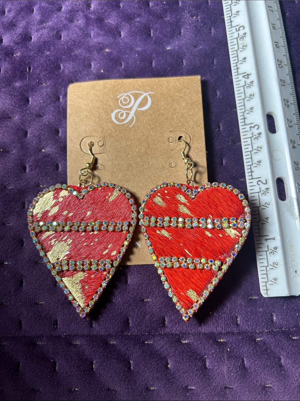 Heart-Shaped Red and Gold Rhinestone Drop Earrings